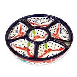 Marvelous Flowers,'Talavera Blue and Red Ceramic Appetizer Bowl Set (7 Pieces)'