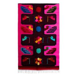 Orchard Ducks,'Handwoven Duck and Flower-Themed Fuchsia Wool Tapestry'
