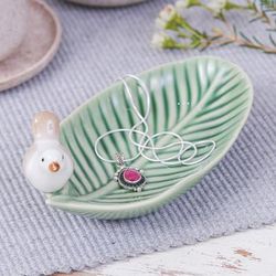 'Handcrafted Bird-Themed Leaf-Shaped Green Ceramic Catchall'