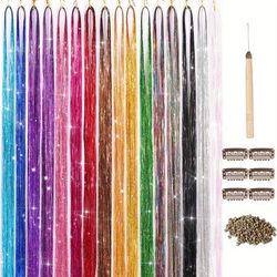 Hair Tinsel Kit, Colourful Fairy Tinsel Hair Extensions Heat Resistant With 16/12 Color 48inch 3200/2400 Stands Glitter Sparkle Shiny Hair Accessories Set Heat Resistant For Girls Women