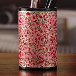 Springtime Pink,'Round Pink and Golden Wood and Papier Mache Pen Holder'