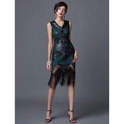 Anni Ruggenti Anni 1920 Lunghezza al ginocchio Vestito Abito Flapper Costumi di Halloween Senza maniche Il grande Gatsby Charleston Invitato al matrimonio Paillettes Patchwork Scollo a V Costume Per