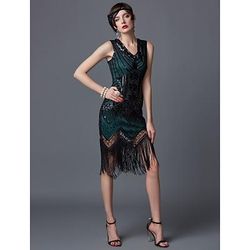 Anni Ruggenti Anni 1920 Lunghezza al ginocchio Vestito Abito Flapper Abito da Ballo Senza maniche Il grande Gatsby Charleston Invitato al matrimonio Frangia con nappe Scollo a V Costume Per donna