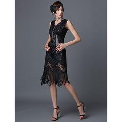 Anni Ruggenti Anni 1920 Lunghezza al ginocchio Vestito Abito Flapper Costumi di Halloween Senza maniche Il grande Gatsby Charleston Invitato al matrimonio Paillettes Pizzo Patchwork Scollo a V Costume