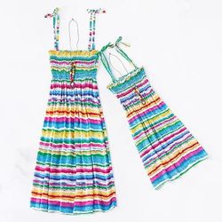 Mamma e io Giornata universale dell'infanzia Vestitini Arcobaleno A strisce Da tutti i giorni Stampa Multicolore Blu Verde Senza maniche Al ginocchio Abito senza maniche Boho Abiti coordinati
