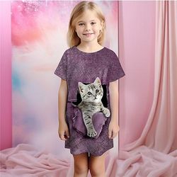 Da ragazza 3D Gatto Pigiami Camicia da notte Manica corta Stampa 3D Estate Attivo Di tendenza stile sveglio Bambino 3-12 anni Girocollo Interni Casual Al coperto Standard
