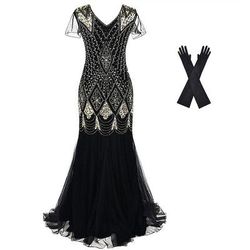Anni Ruggenti Anni 1920 Lunghezza al pavimento Abito da sera Abiti Set di accessori Maniche corte Il grande Gatsby Invitato al matrimonio Paillettes Paillettes Scollo a V Costume Per donna Carnevale