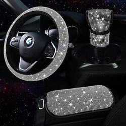 Set di 3 accessori per auto scintillanti da donna, coprivolanti scintillanti universali da 15 pollici