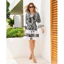 Boston Proper - Black White - Chic Tiles Print Eyelet-Inset Tiered A-Line Dress - 10