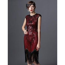 Anni Ruggenti Anni 1920 Lunghezza al ginocchio Vestito Abito Flapper Abito da cocktail Cortissima Il grande Gatsby Charleston Invitato al matrimonio Paillettes Frangia con nappe Tinta unita Scollo