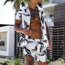 Per uomo Foglie Piante Tropicali 2 pezzi Set di camicie Camicia hawaiana estiva Manica Corta Pantaloni corti Collo ripiegato Moda Hawaiano Designer Vacanza Casuale Quotidiano Bottonato Primavera
