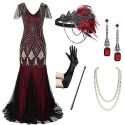 Anni Ruggenti Anni 1920 Lunghezza al pavimento Vestito Abito da sera Abiti Maniche corte Il grande Gatsby Invitato al matrimonio Paillettes Scollo a V Costume Per donna Festa serale Abbigliamento da