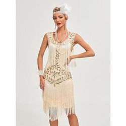 Anni Ruggenti Anni 1920 Lunghezza al ginocchio Vestito Abito Flapper Senza maniche Il grande Gatsby Charleston Invitato al matrimonio Paillettes Frangia con nappe Scollo Tondo Costume Per donna