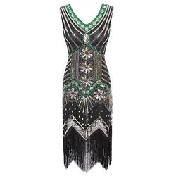 Anni Ruggenti Anni 1920 Lunghezza al ginocchio Vestito Abito Flapper Costumi di Halloween Senza maniche Il grande Gatsby Charleston Invitato al matrimonio Paillettes Patchwork Ricamato Scollo a V
