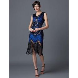 Anni Ruggenti Anni 1920 Lunghezza al ginocchio Vestito Abito Flapper Costumi di Halloween Senza maniche Il grande Gatsby Charleston Invitato al matrimonio Paillettes Patchwork Ricamato Scollo a V