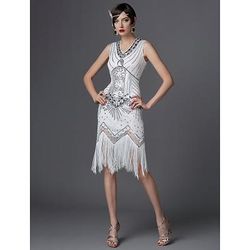Anni Ruggenti Anni 1920 Lunghezza al ginocchio Vestito Abito Flapper Costumi di Halloween Senza maniche Il grande Gatsby Charleston Invitato al matrimonio Paillettes Patchwork Ricamato Scollo a V