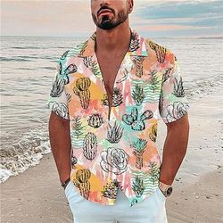Per uomo Cactus Piante Tropicali Camicia Camicia hawaiana estiva Camicia Aloha Manica Corta Camicia Collo ripiegato Moda Designer Casual All'aperto Streetwear Casuale Bianco Giallo Arancione Stampa 3D