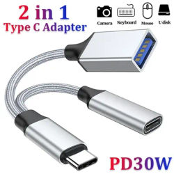2 IN 1 USB C OTG Cable Adapter Type C to USB3.1 PD 30W Fast Charger Port with USB Female Splitter Adapter for Samsung Xiaomi