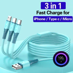 3 in 1 66W USB Fast Charging Cable For iPhone 14 Samsung Xiaomi Huawei Phone Charger Cable USB Type C Micro USB Lightning Cord