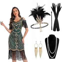 Anni Ruggenti Anni 1920 Lunghezza al ginocchio Vestito Abito Flapper Abiti Spalle scoperte Il grande Gatsby Invitato al matrimonio Paillettes Frangia con nappe Scollo a V Costume Per donna Festa