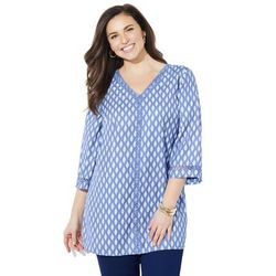 Plus Size Women's Crochet Trim V-Neck Tunic by Catherines in French Blue Ikat Geo (Size 3X)