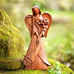 Valentine Flowers,'Angel-Themed Floral Suar Wood Sculpture from Bali'