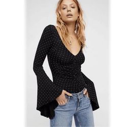 Free People Tops | Fp Black Bell Sleeve What A Babe Polka Dot Top S | Color: Black/White | Size: S