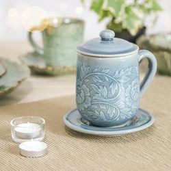 Luxury Peony in Blue,'Classic Crackled Blue Celadon Ceramic Covered Cup and Saucer'