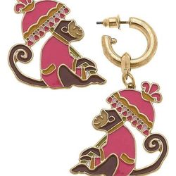 Canvas Style Remy Enamel Monkey Earrings in Pink & Brown - Pink