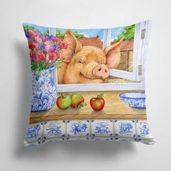 Caroline's Treasures 14 in x 14 in Outdoor Throw PillowPig trying to reach the Apple in the Window Fabric Decorative Pillow - 15 X 15 IN