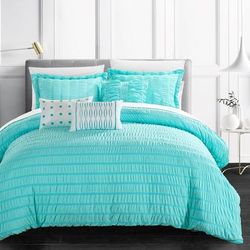 Chic Home Design Jayrine 10 Piece Comforter Set Striped Ruched Ruffled Bed In A Bag Bedding - Blue - QUEEN