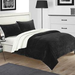 Chic Home Design Ernest 7-Piece Plush Microsuede Sherpa Blanket, Sheet Set - Black - KING