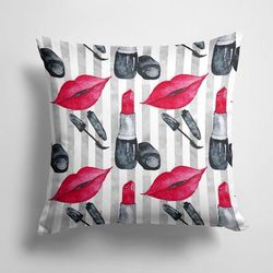 Caroline's Treasures 14 in x 14 in Outdoor Throw PillowWatercolor Lipstick and Grey Stripes Fabric Decorative Pillow - 15 X 15 IN