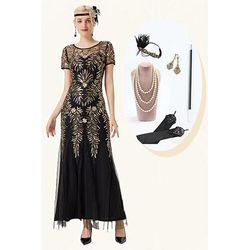 Anni Ruggenti Anni 1920 Lunghezza alla caviglia Abito da sera Abiti Abito da cocktail Maniche corte Il grande Gatsby Ragazza Flapper Invitato al matrimonio Paillettes Scollo Tondo Costume Per donna