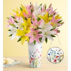 1-800-Flowers Flower Delivery Sweet Spring Lilies For Mother's Day Double Bouquet W/ Floral Meadow Vase & Suncatcher