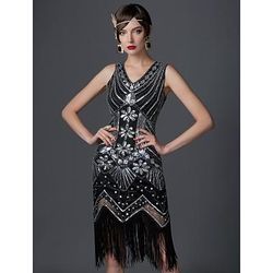 Anni Ruggenti Anni 1920 Lunghezza al ginocchio Vestito Abito Flapper Costume da festa Senza maniche Il grande Gatsby Charleston Invitato al matrimonio Paillettes Frangia con nappe Paillettes Scollo a