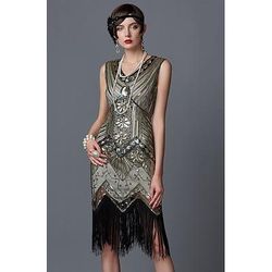Anni Ruggenti Anni 1920 Lunghezza al ginocchio Vestito Abito Flapper Costume da festa Senza maniche Il grande Gatsby Charleston Invitato al matrimonio Paillettes Frangia con nappe Paillettes Scollo a