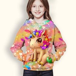 Da ragazza 3D Animali Unicorno Felpa con cappuccio Manica lunga Stampa 3D Primavera Inverno Attivo Sportivo Di tendenza Poliestere Bambino 3-12 anni Esterno Giornaliero Al coperto Standard
