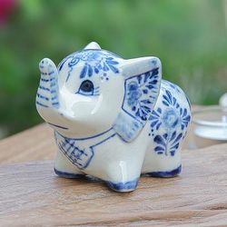 Little Joy,'Floral Elephant-Shaped Blue and White Ceramic Statuette'