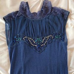 Free People Tops | Free People Blue Sleeveless Top | Color: Blue/Silver | Size: Xs