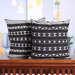 Midnight Geometry,'Patterned Black and White Cotton Cushion Covers (Pair)'