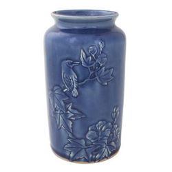 Peaceful in Blue,'Thai Artisan Crafted Blue Ceramic Vase with Bird Motif'