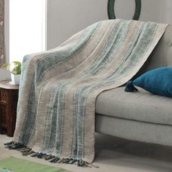 Waves of Serenity,'Striped Blue and Ivory Cotton Throw Crafted in India'