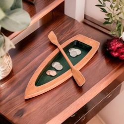 'Hand-Carved Green Cedarwood Boat Catchall from Costa Rica'