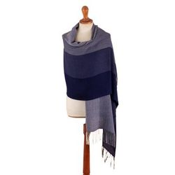 Twilight Grace,'Handloomed Striped Grey and Blue Baby Alpaca Blend Shawl'