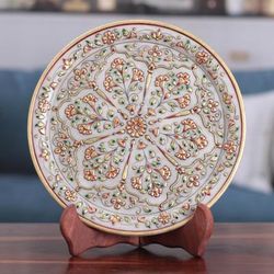 Blooming Celebration,'Traditional Floral and Leafy Marble Decorative Plate'