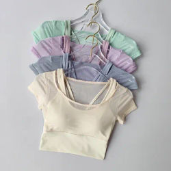 Combinaison de Fitness pour femmes, entraînement Pilates, coussin de poitrine, haut de Yoga, séchage rapide, sensation haut de gamme, sport, manches courtes, respirant