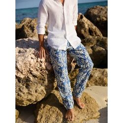 J.McLaughlin Men's Callistair Linen Pants in Jardin Leaf Medium Blue/Off White