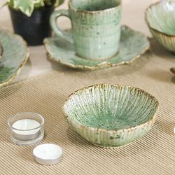 'Lotus-Inspired Speckled Green Celadon Ceramic Dessert Bowl'