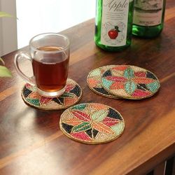 'Set of 4 Mosaic-Inspired Colorful Glass Beaded Coasters'